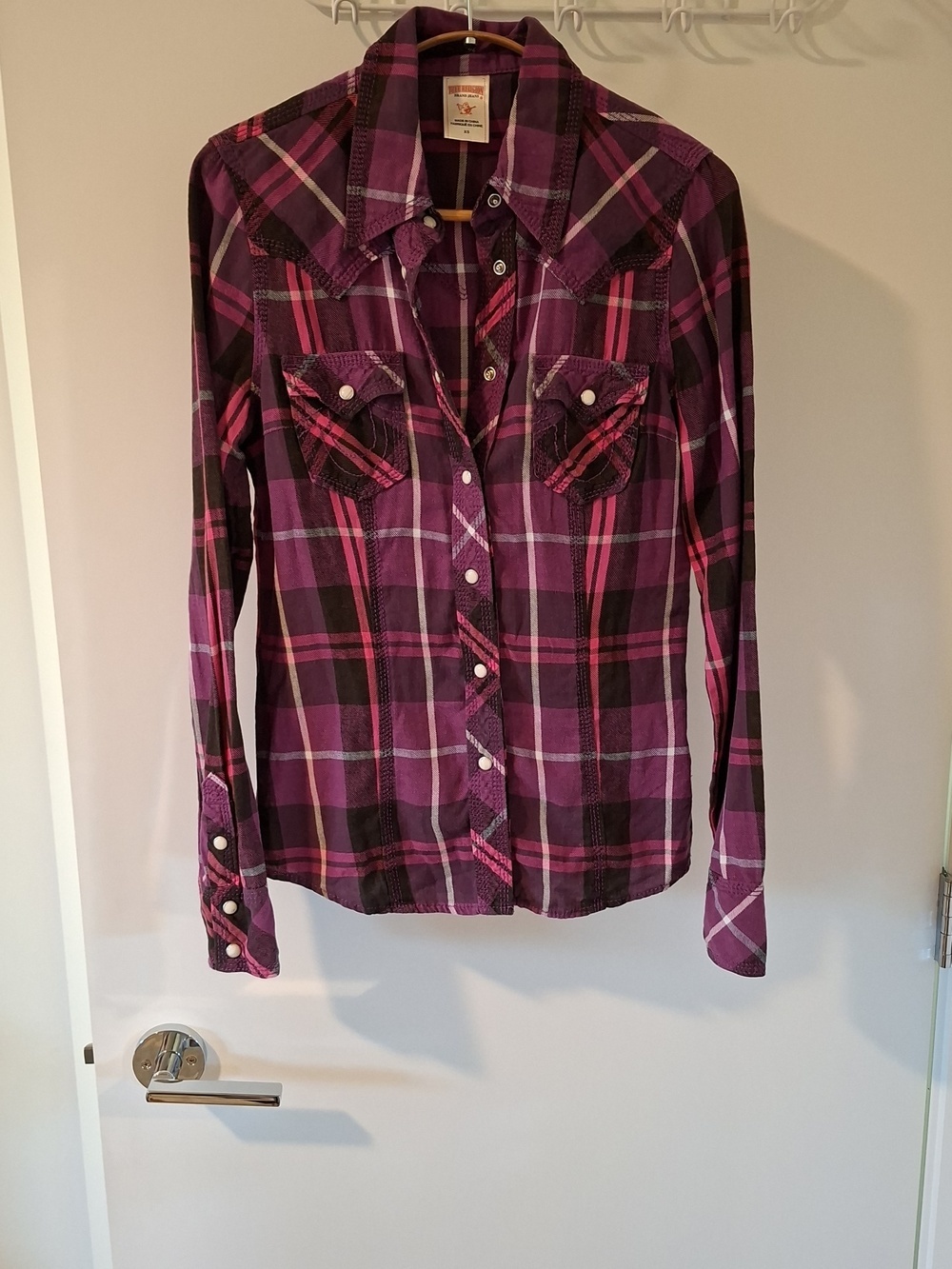 True Religion Purple/Pink Pearl-snap Point-collar Western Flannel Top (Size XS)